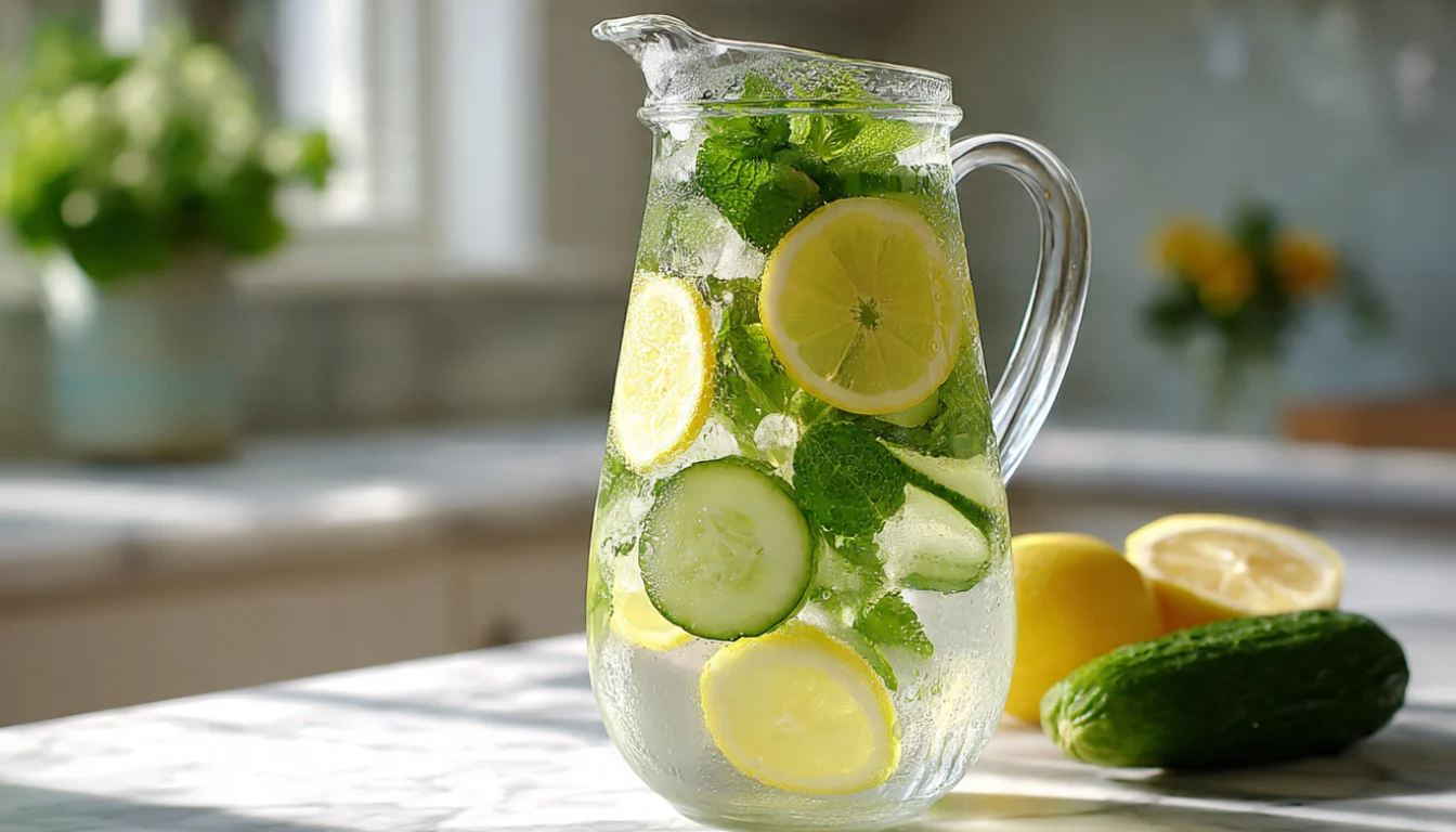 Glass pitcher of overnight cucumber mint lemon infused water on marble countertop