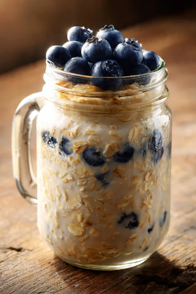 Creamy overnight oats in a glass mason jar topped with fresh blueberries on a wooden table