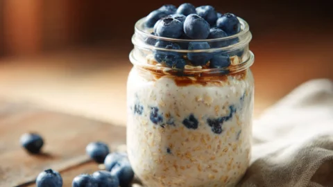 Creamy overnight oats in a glass mason jar topped with fresh blueberries on a wooden table