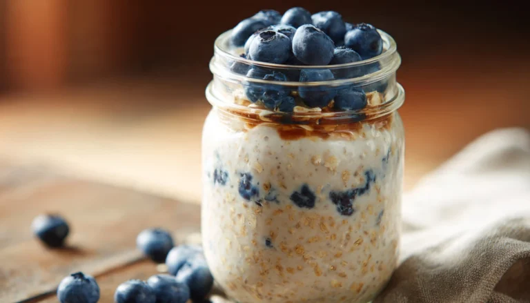 Creamy overnight oats in a glass mason jar topped with fresh blueberries on a wooden table