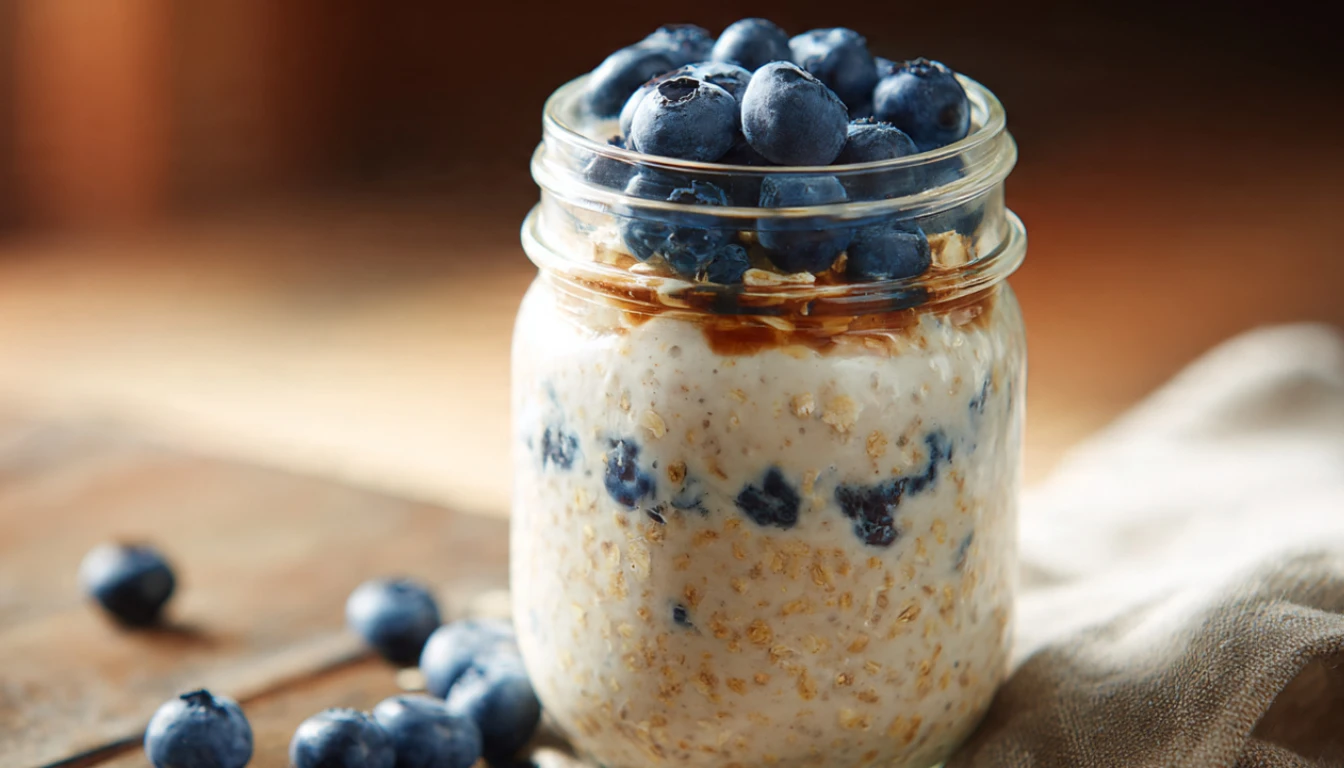 Creamy overnight oats in a glass mason jar topped with fresh blueberries on a wooden table