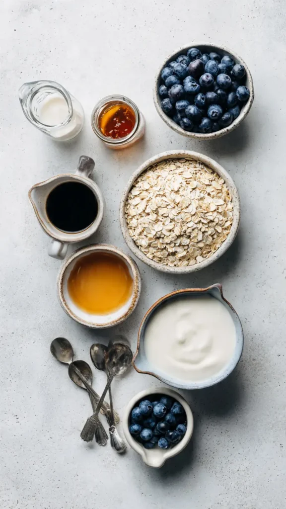 Flat lay of overnight oats ingredients including rolled oats, almond milk, Greek yogurt, blueberries, and maple syrup