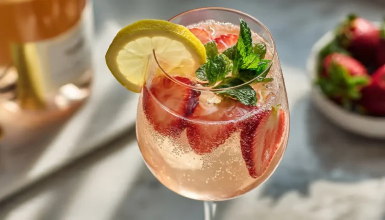 Pink lemonade moscato cocktail in wine glass with fresh strawberries and lemon garnish