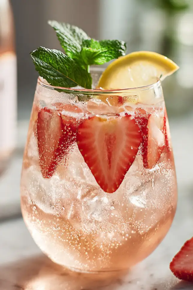 Pink lemonade moscato cocktail in wine glass with fresh strawberries and lemon garnish