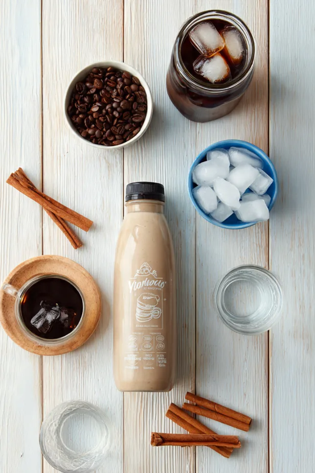 Proffee ingredients including protein shake, cold brew coffee, ice, and cinnamon