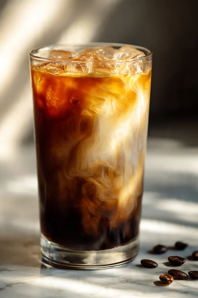 Delicious protein coffee (proffee) with beautiful layers of cold brew and vanilla protein shake, perfect for weight management