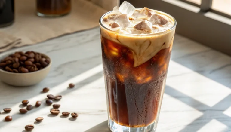 Layered iced proffee in a tall glass showing dark coffee and creamy protein layers