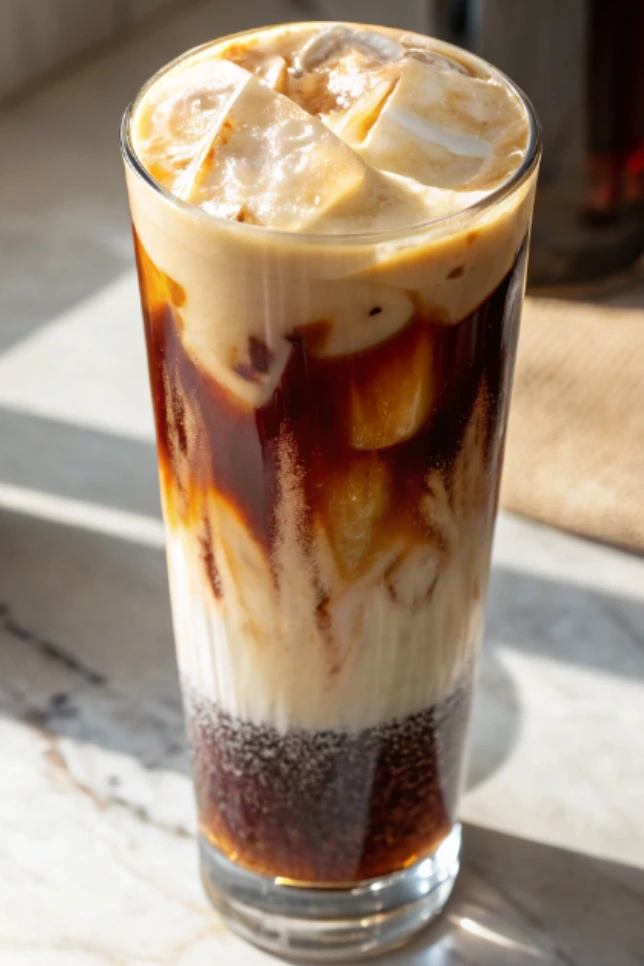Layered iced proffee in a tall glass showing dark coffee and creamy protein layers