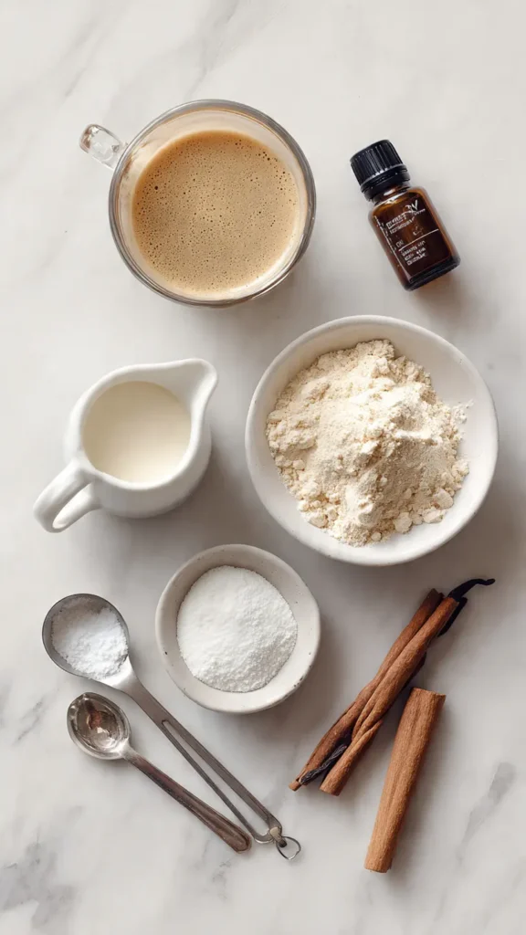 Ingredients needed to make protein coffee including coffee, protein powder, and almond milk