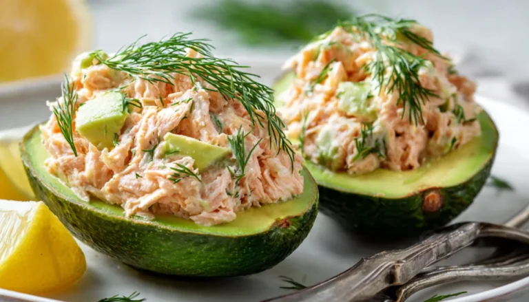 Salmon-stuffed avocado halves garnished with fresh dill on a white plate