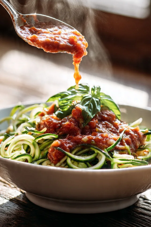 Marinara sauce being spooned over a bowl of fresh zucchini noodles