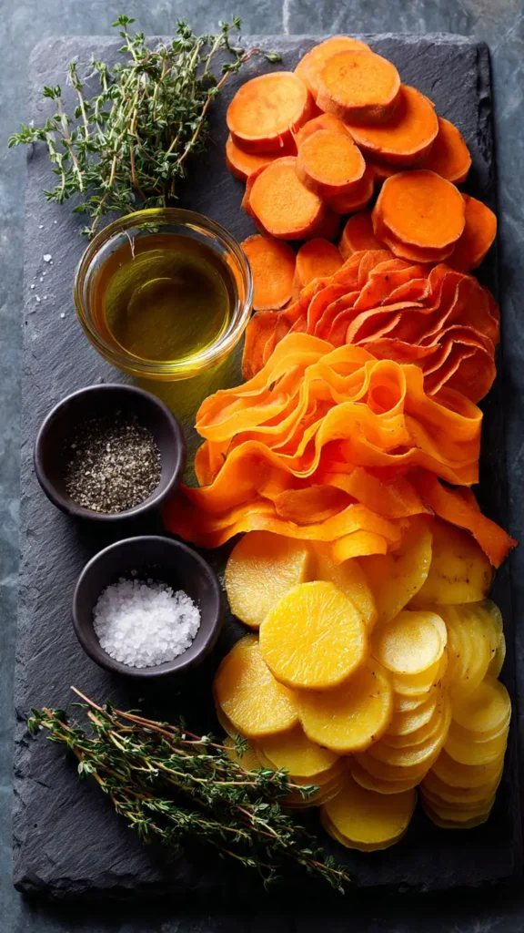 Sliced sweet potatoes, butternut squash, and carrot ribbons arranged on cutting board for vegetable lasagna preparation
