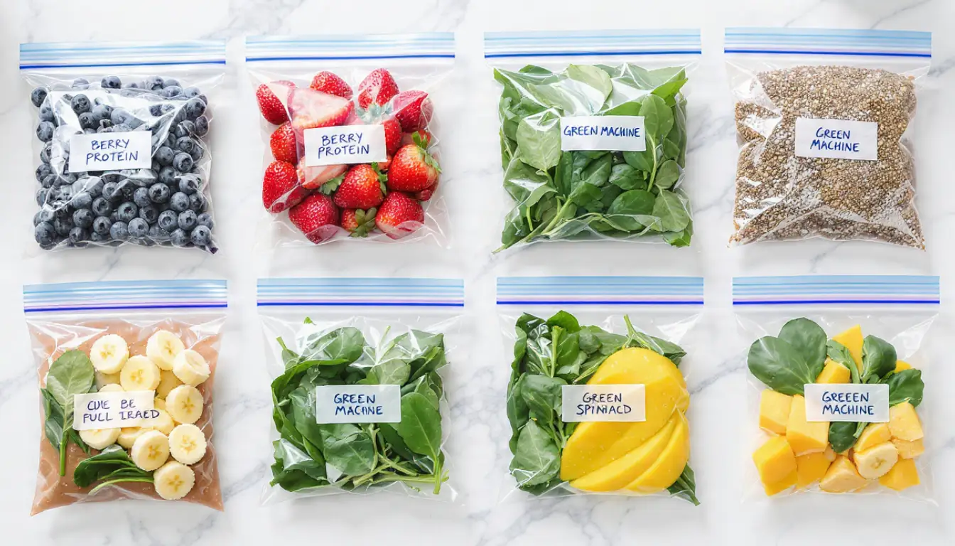 Smoothie meal prep packs laid flat in freezer with colorful fruits visible through clear bags