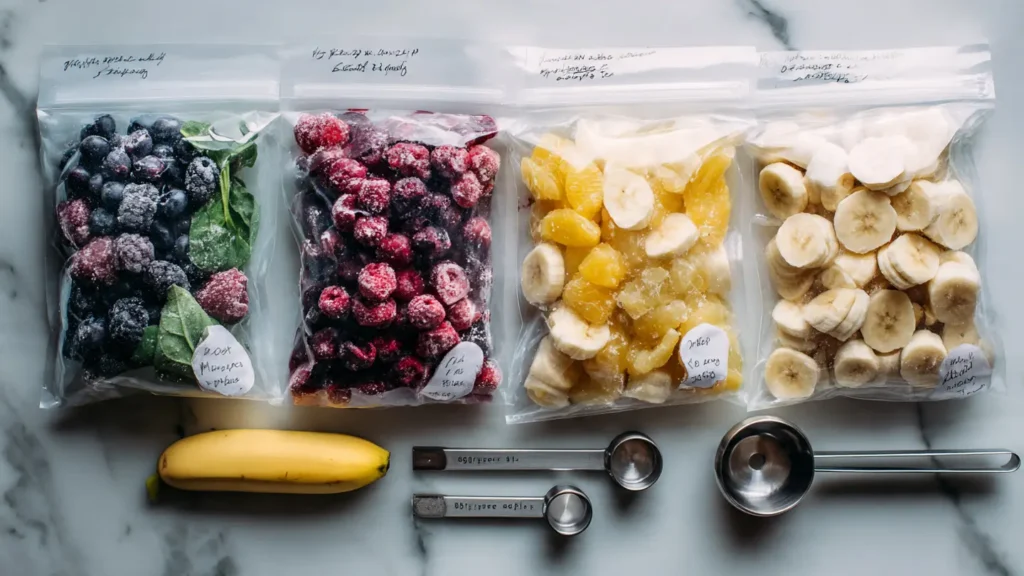 Four smoothie prep packs with frozen fruits and vegetables ready for quick blending
