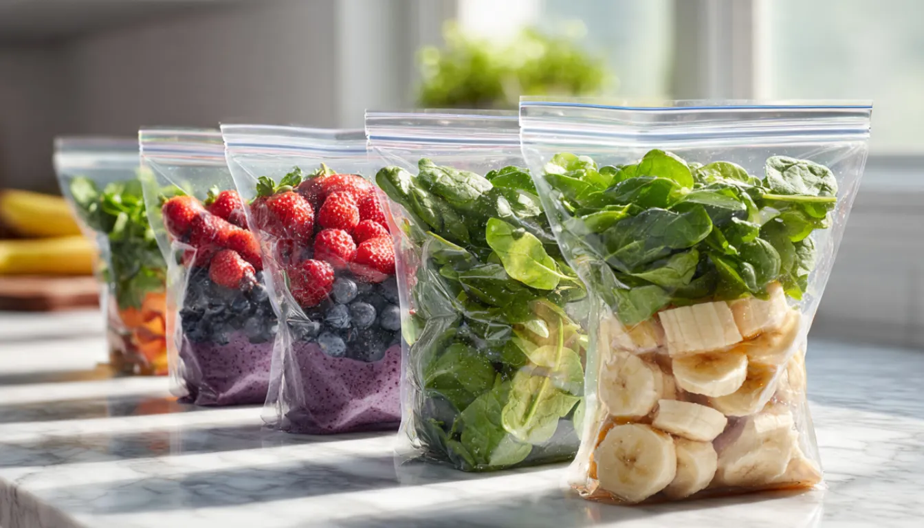 Seven days of smoothie freezer packs arranged vertically for weekly meal prep