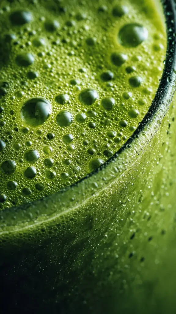 Close-up view of creamy green spinach mango smoothie texture in a glass
