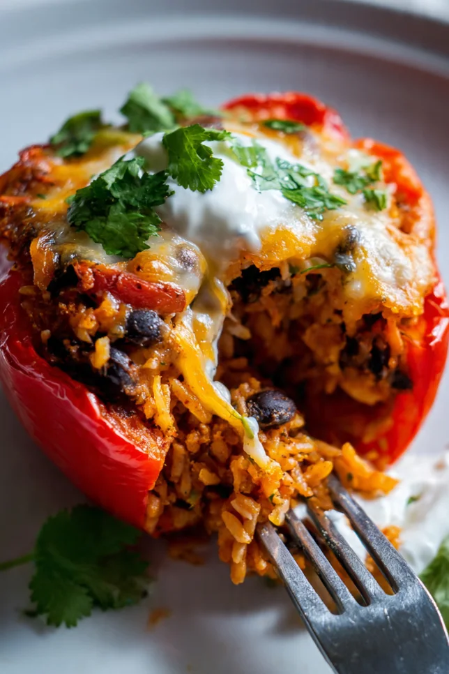 Single stuffed red bell pepper cut open showing black bean filling, served with Greek yogurt on a white plate