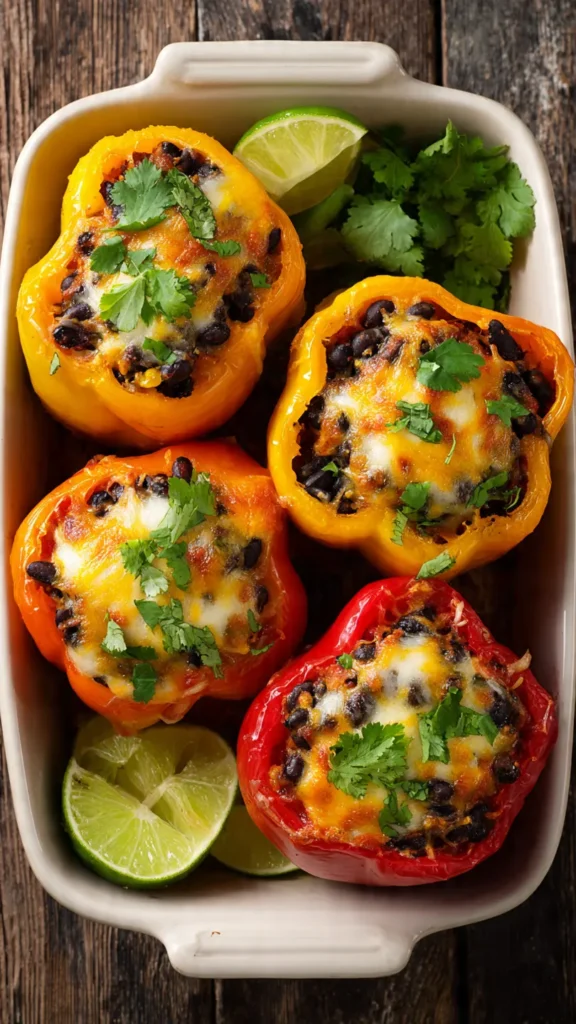 Four colorful stuffed bell peppers filled with black beans and rice, topped with melted cheese and fresh cilantro in a white baking dish