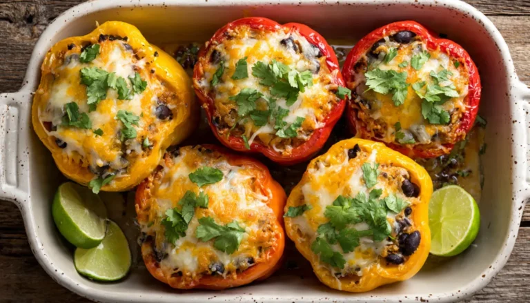 Four colorful stuffed bell peppers filled with black beans and rice, topped with melted cheese and fresh cilantro in a white baking dish