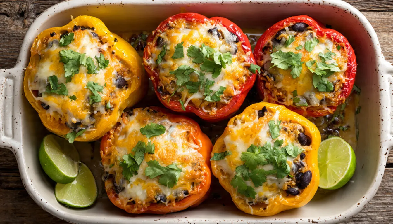 Four colorful stuffed bell peppers filled with black beans and rice, topped with melted cheese and fresh cilantro in a white baking dish