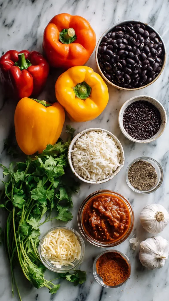 Ingredients for stuffed bell peppers recipe including colorful bell peppers, black beans, rice, salsa, cheese, and spices arranged on marble surface
