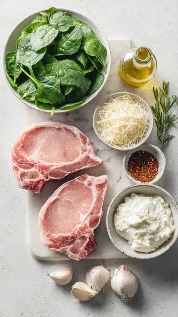 Fresh ingredients for spinach and cheese stuffed pork chops including ricotta, mozzarella, spinach, and thick-cut pork chops