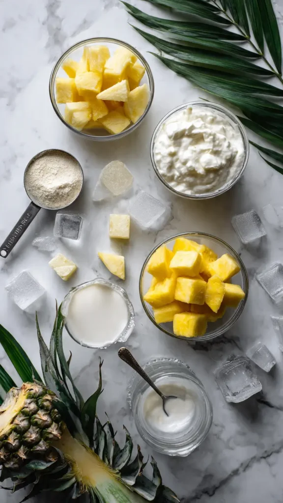 Flat lay of tropical smoothie ingredients including pineapple, mango, Greek yogurt, and protein powder