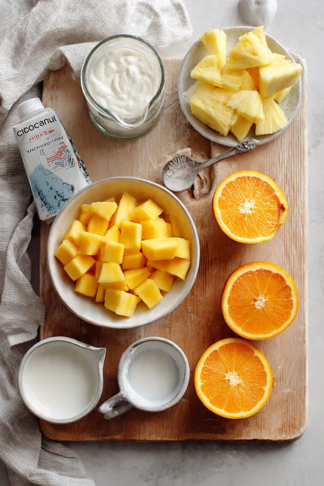 Ingredients for Tropical Sunrise Smoothie including mango, pineapple, Greek yogurt, and coconut milk