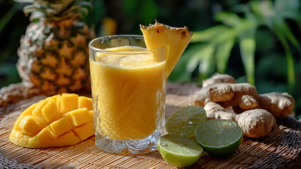Bright orange tropical smoothie with pineapple, mango, and lime garnish