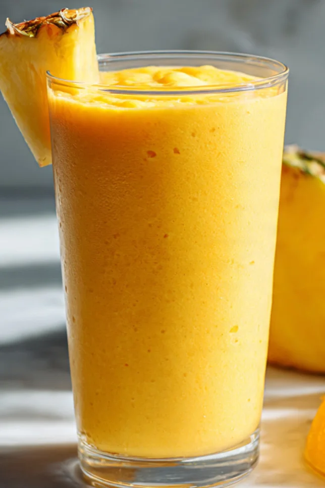 Tropical sunrise smoothie with pineapple and mango in a tall glass with fresh fruit garnish
