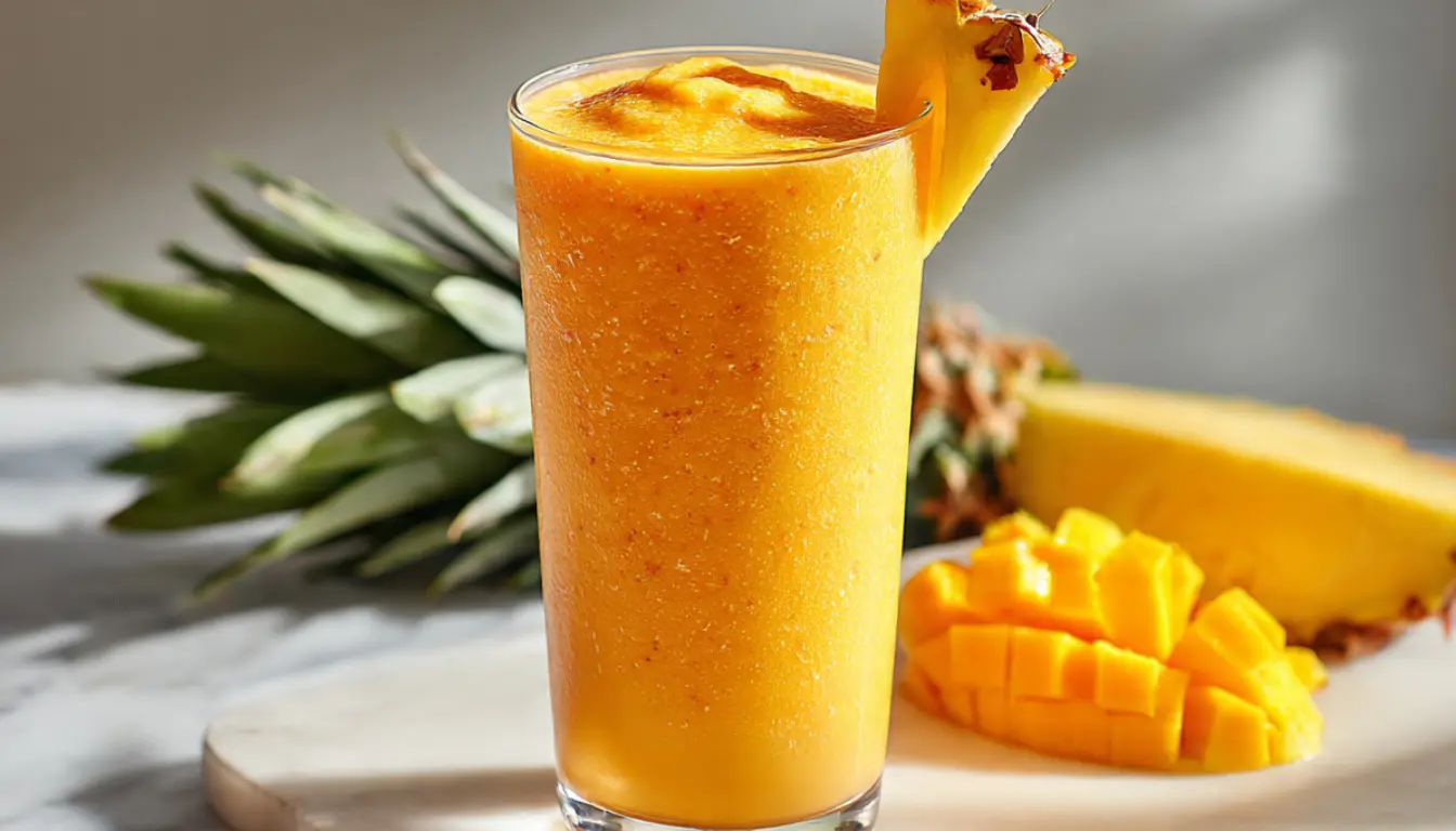 Tropical sunrise smoothie with pineapple and mango in a tall glass with fresh fruit garnish