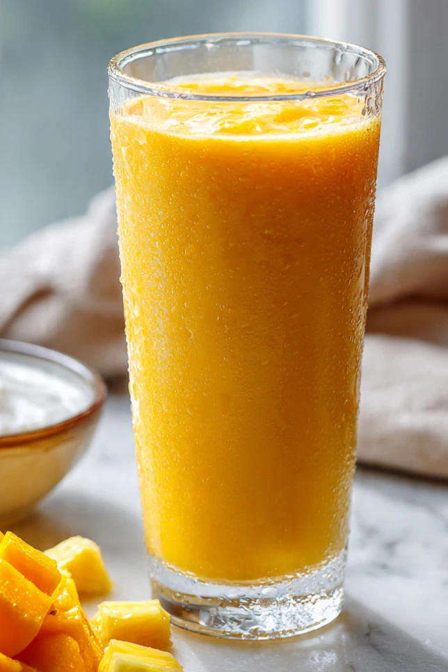 Tropical Sunrise Smoothie in a tall glass with fresh mango and pineapple on a marble countertop