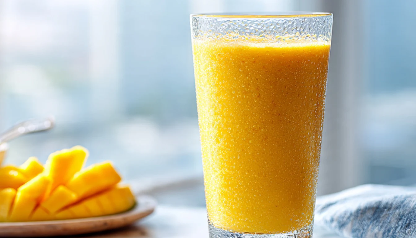 Tropical Sunrise Smoothie in a tall glass with fresh mango and pineapple on a marble countertop