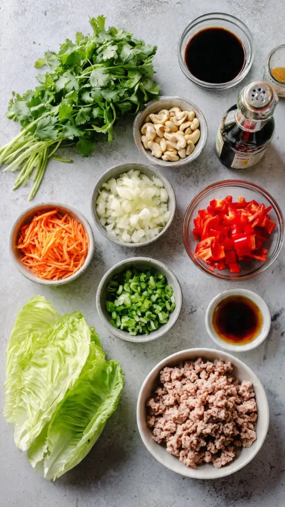 Flat lay of turkey lettuce wrap ingredients including ground turkey, butter lettuce, vegetables, and Asian sauces arranged on gray surface