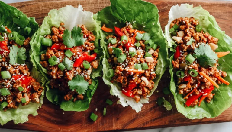 Turkey and veggie lettuce wraps with ground turkey, red bell peppers, carrots, and water chestnuts in butter lettuce cups, garnished with cilantro and sesame seeds