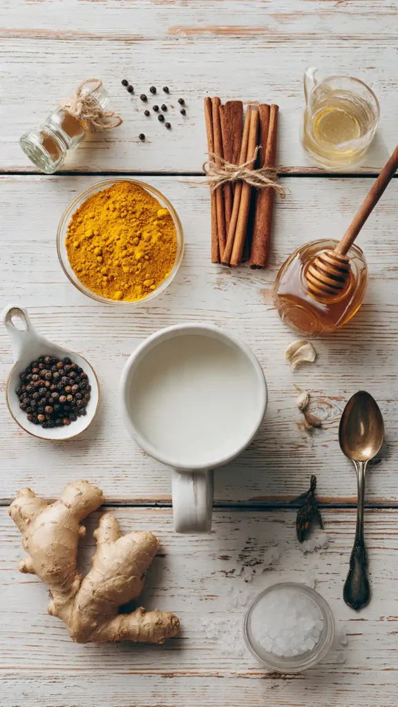 Overhead flat lay of all ingredients needed to make golden turmeric milk including turmeric powder, cinnamon, ginger, and almond milk