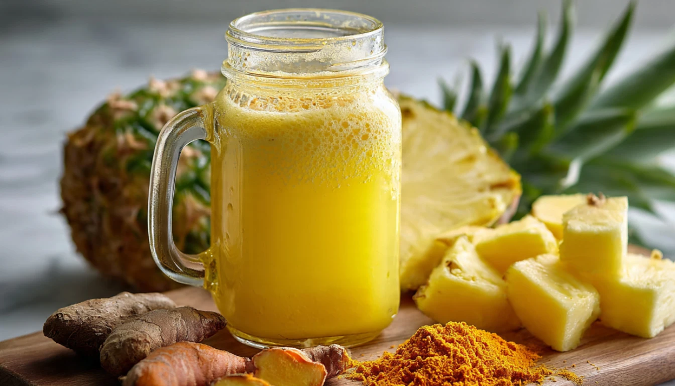 Golden turmeric pineapple water in a mason jar with fresh pineapple chunks and turmeric root on a wooden cutting board