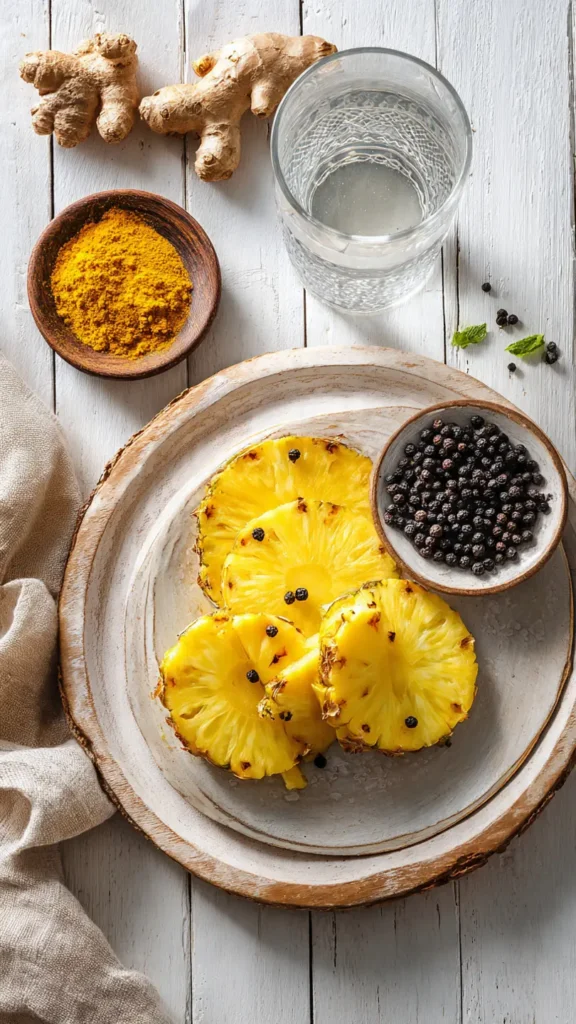 Flat lay of turmeric pineapple water ingredients including fresh pineapple, turmeric powder, black pepper, and turmeric root