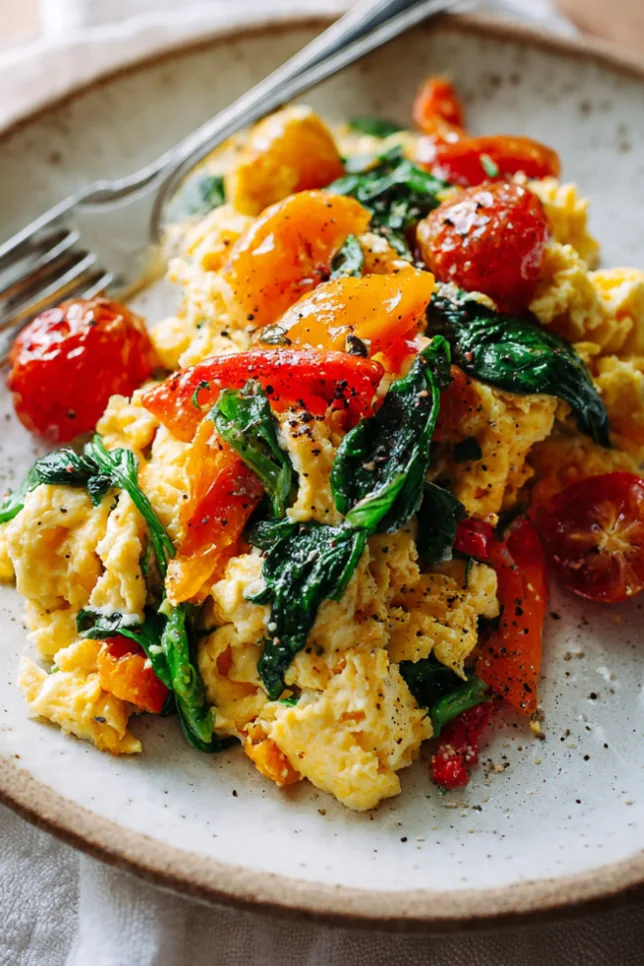 Veggie egg scramble with bell peppers, spinach, and cherry tomatoes on a white plate, 290 calories