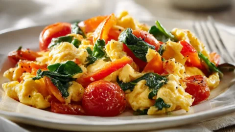 Veggie egg scramble with bell peppers, spinach, and cherry tomatoes on a white plate, 290 calories