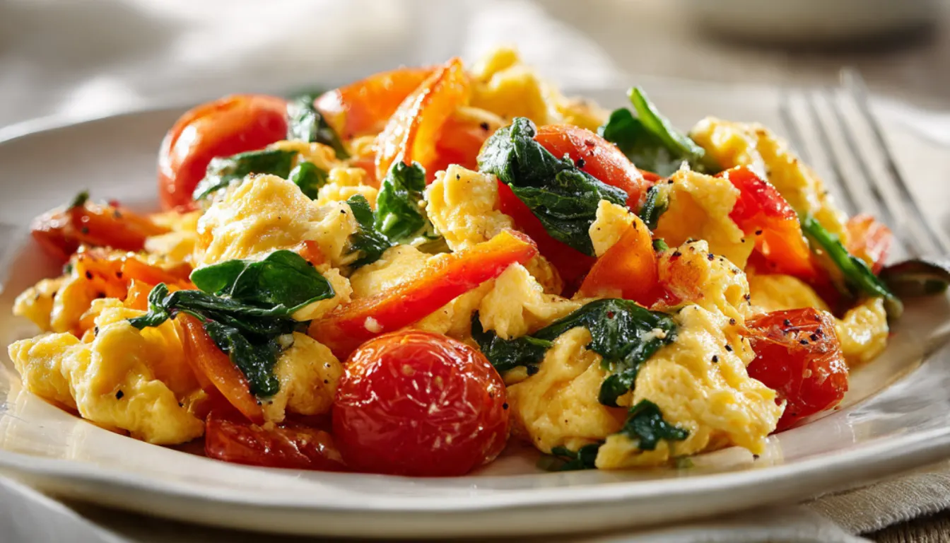 Veggie egg scramble with bell peppers, spinach, and cherry tomatoes on a white plate, 290 calories