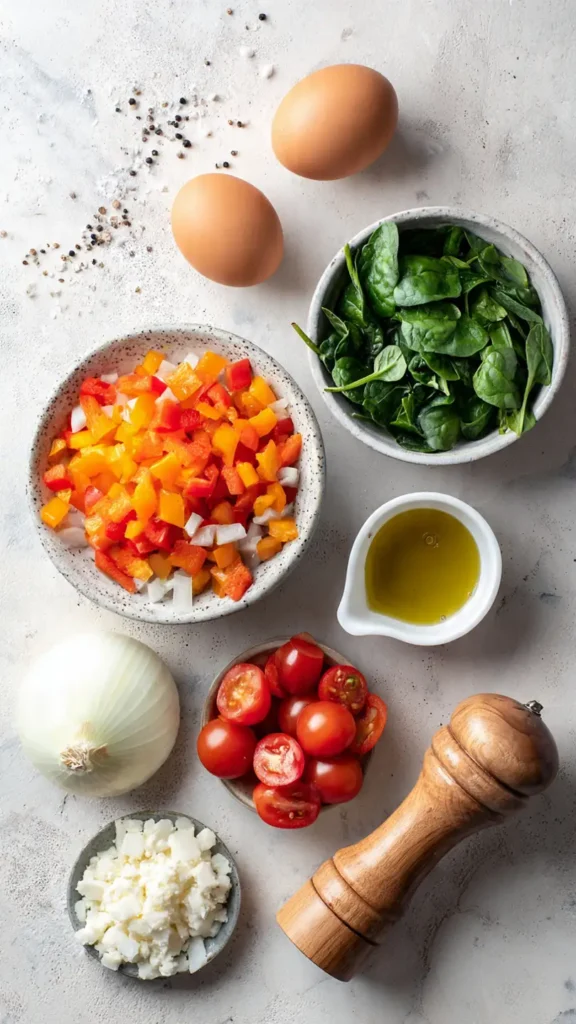 Ingredients for veggie egg scramble including eggs, bell peppers, spinach, cherry tomatoes, and olive oil