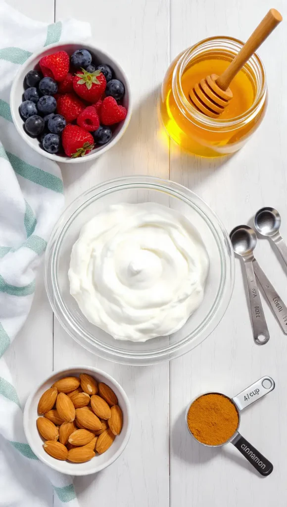 Ingredients for Greek yogurt protein bowl laid out including yogurt, fresh berries, honey, and raw almonds