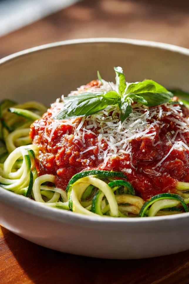 A white bowl filled with spiralized zucchini noodles topped with homemade marinara sauce and fresh basil, served on a wooden table