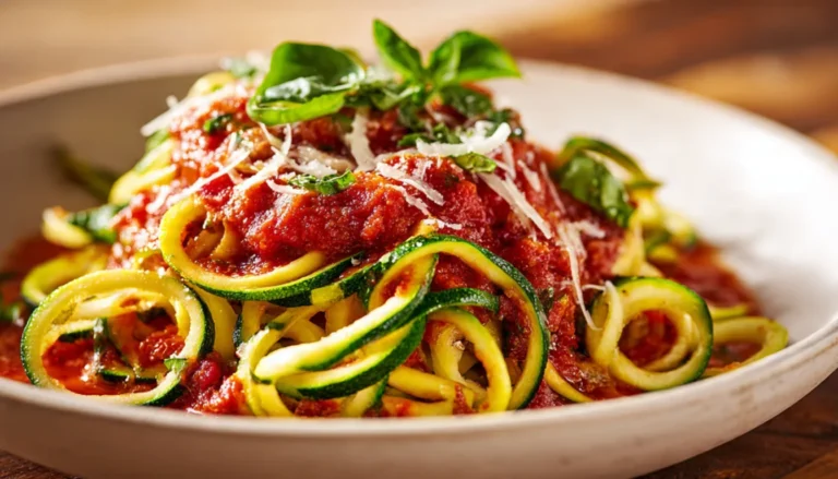 A white bowl filled with spiralized zucchini noodles topped with homemade marinara sauce and fresh basil, served on a wooden table
