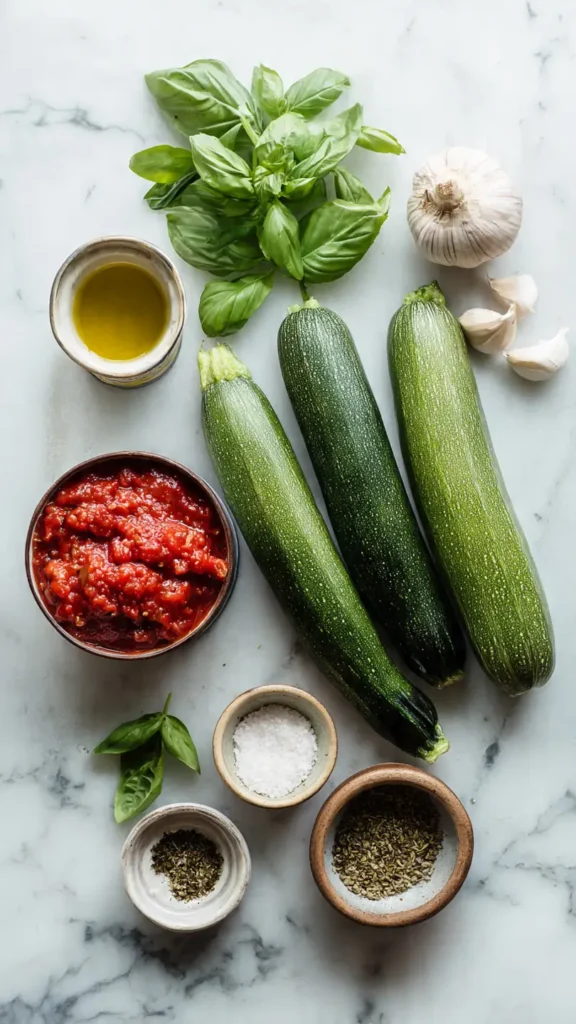 Flat lay of ingredients for zucchini noodles with marinara including zucchini, crushed tomatoes, garlic, olive oil, and fresh herbs