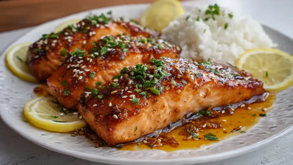 Glossy honey garlic glazed salmon fillet in air fryer basket with caramelized coating, garnished with sesame seeds and green onions