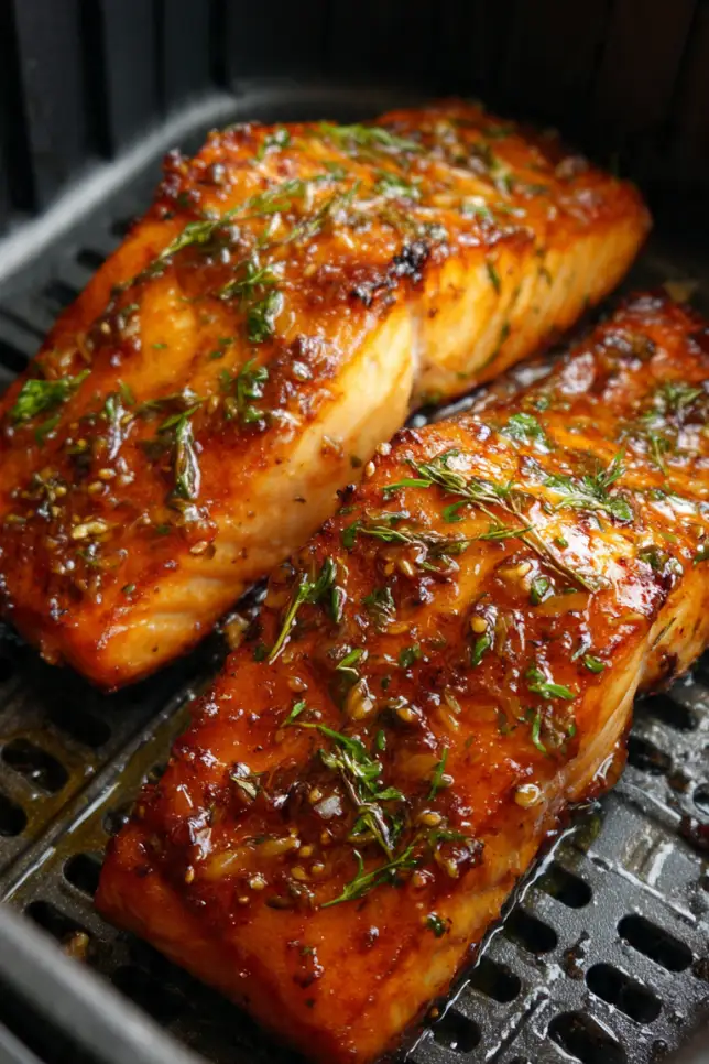 Glossy honey garlic glazed salmon fillet in air fryer basket with caramelized coating, garnished with sesame seeds and green onions