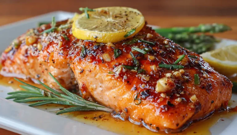 Glossy honey garlic glazed salmon fillet in air fryer basket with caramelized coating, garnished with sesame seeds and green onions
