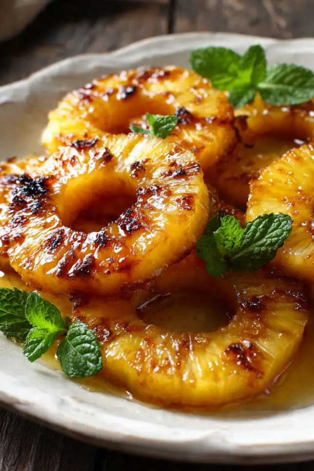 Caramelized pineapple rings with honey glaze made in air fryer on white plate with mint garnish